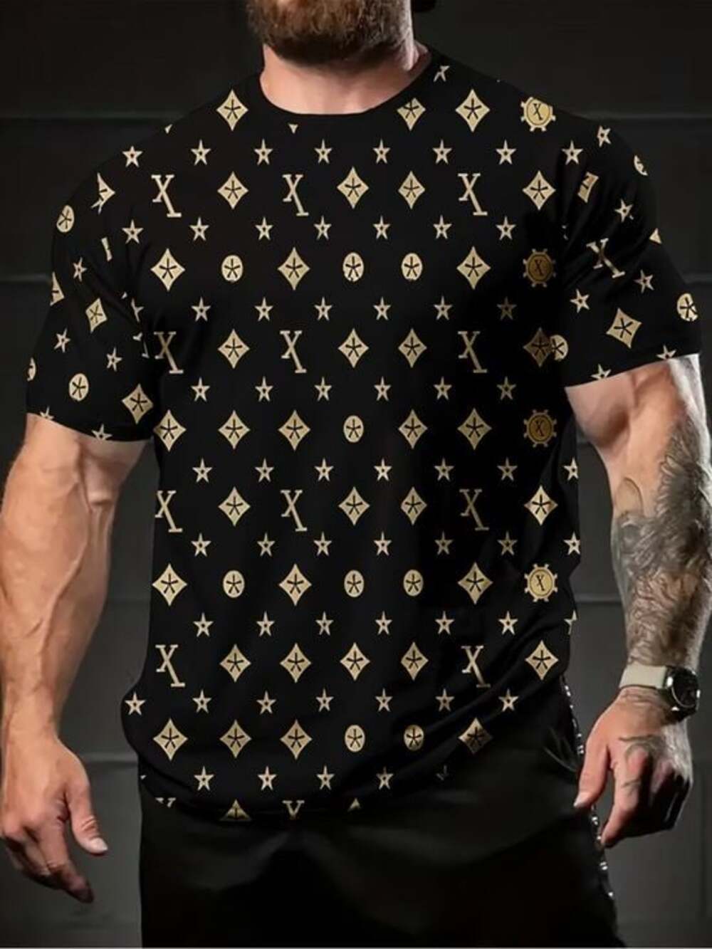 Men's Black Short Sleeve Tee with Gold Monogram Pattern